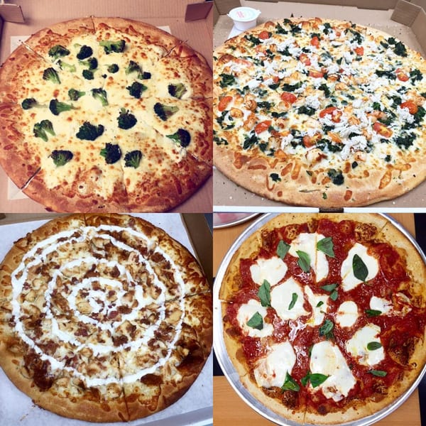 Four Marc's Pizzeria and Grill pizzas: white with broccoli, white with shrimp and spinach, chicken bacon ranch, and Margherita.