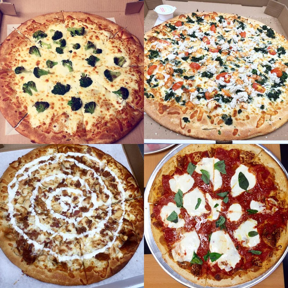Four Marc's Pizzeria and Grill pizzas: white with broccoli, white with shrimp and spinach, chicken bacon ranch, and Margherita.